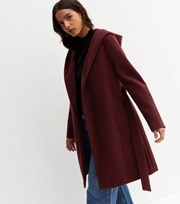New Look Burgundy Unlined Belted Hooded Coat